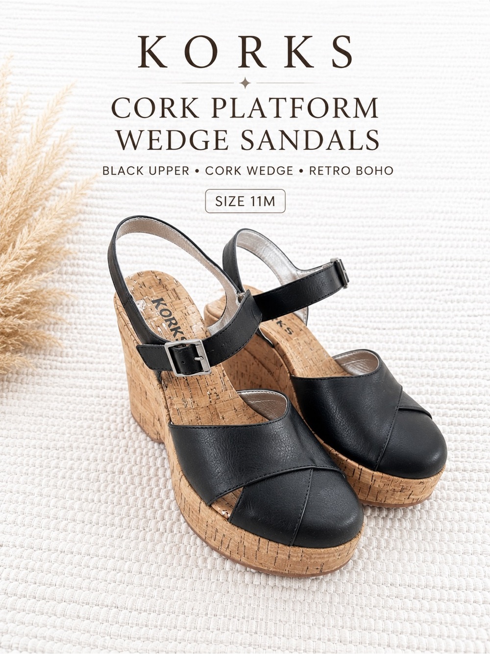 Korks Black Cork Platform Wedge Sandals Size 11 Retro Boho Platform